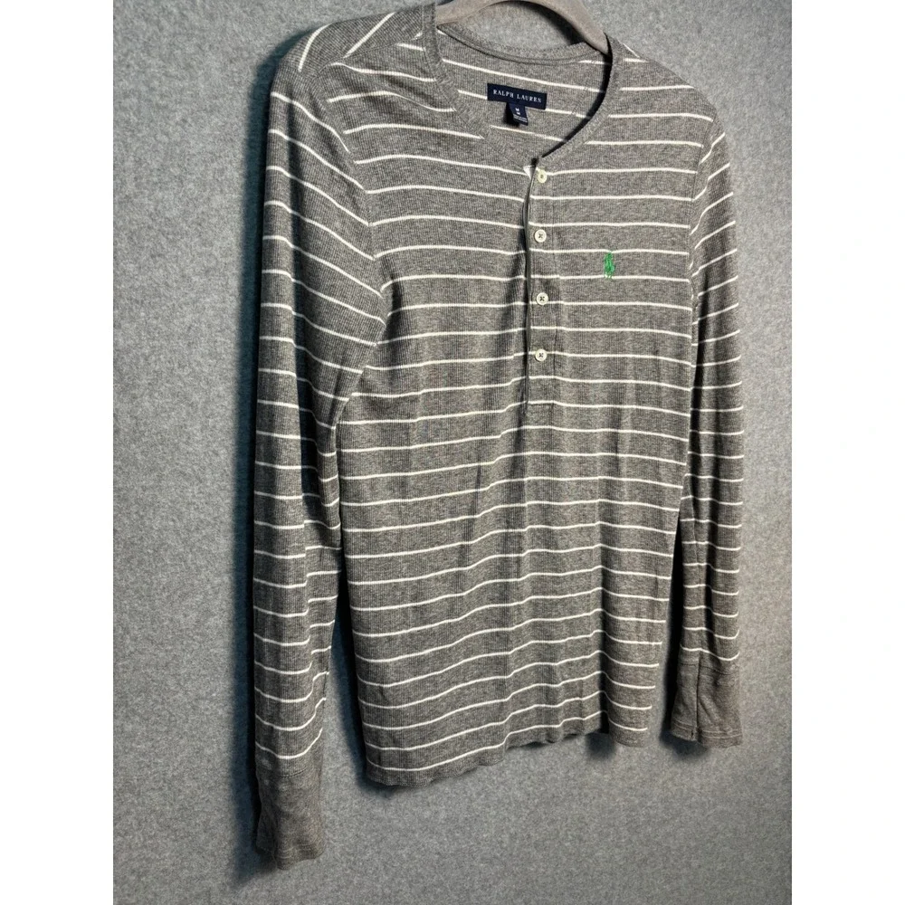Ralph Lauren Womens Gray Striped Henley Top Green Pony Logo Lyocell Cotton Blend